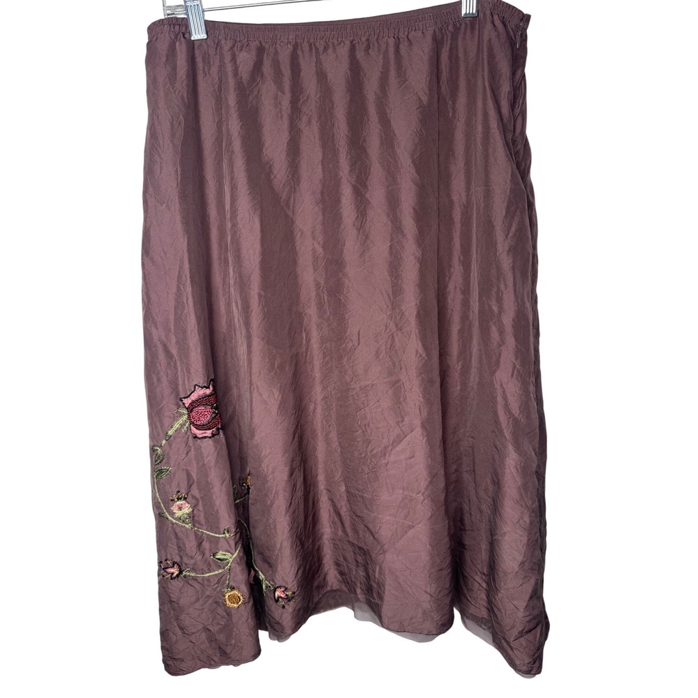 J. Jill Silk Embroidered Midi Skirt Plum Mauve Floral Elastic Waist Large